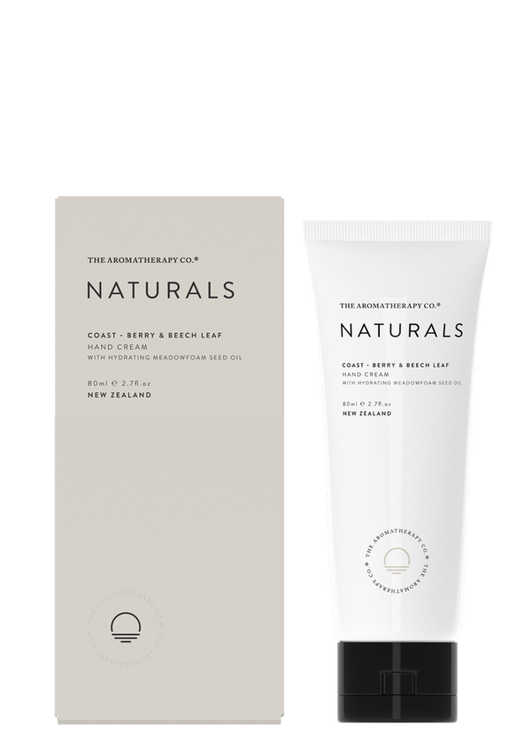 A tube of Naturals Hand Cream Coast - Berry & Beech Leaf with Meadowfoam Seed Oil and antioxidant properties by The Aromatherapy Co.