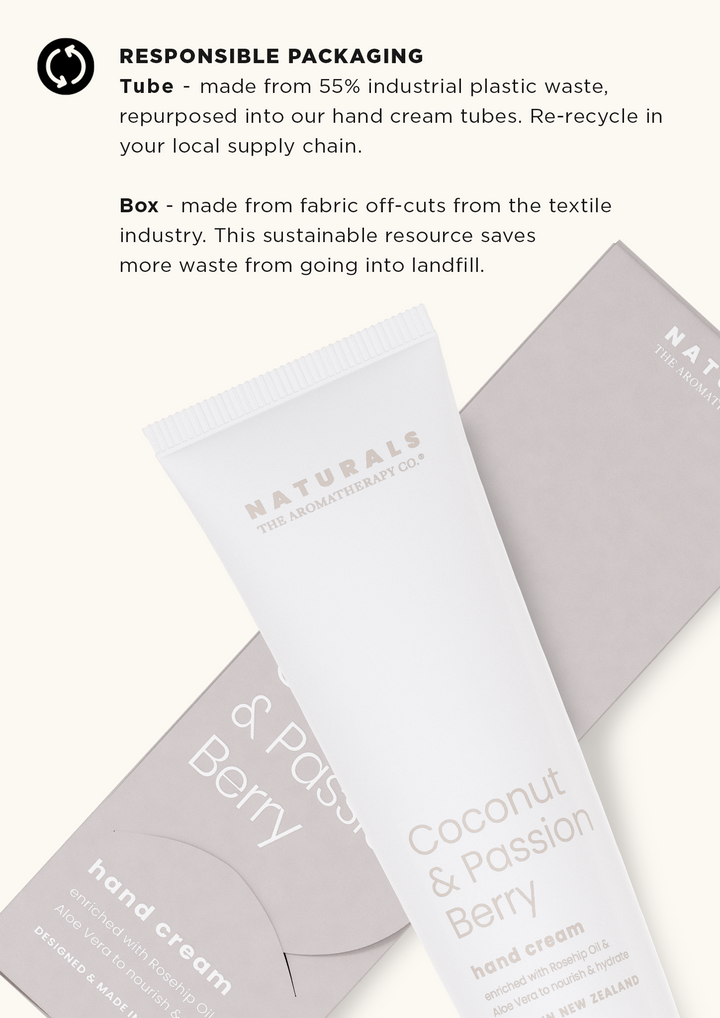 The Aromatherapy Co presents the Naturals Hand Cream - Coconut & Passion Berry packaging.