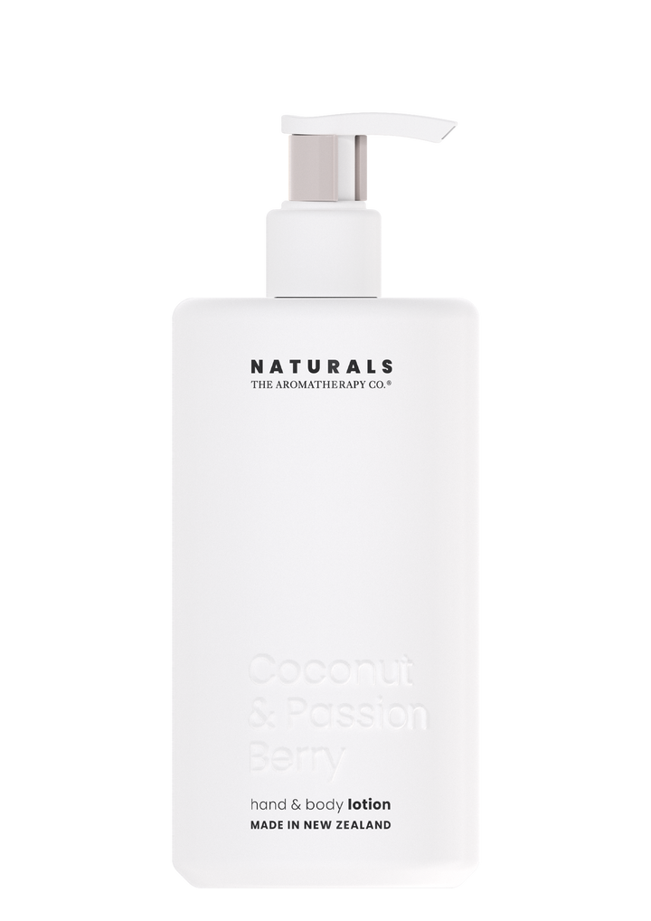 Naturals Coconut and Passion Berry hand and body lotion in a white pump bottle