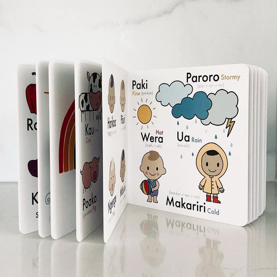 My First Reo Māori Picture Dictionary standing open to show its illustrated word pages