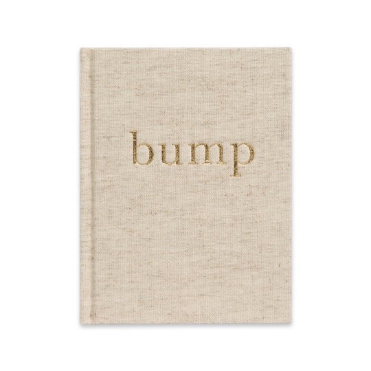 Write To Me Bump pregnancy journal in natural linen with gold embossed title, front cover on white