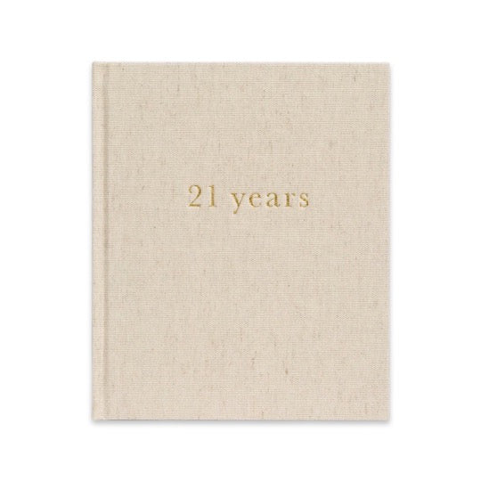 Write To Me 21 Years journal in oatmeal linen with gold embossed title, front cover