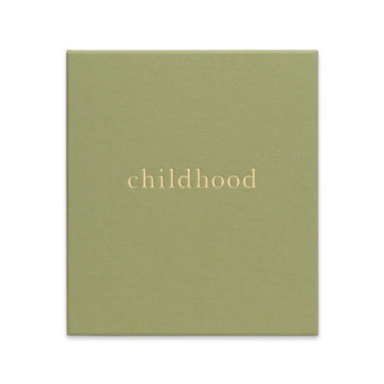 Childhood Memories Journal by Write To Me, sage linen cover with gold foil childhood title, on white