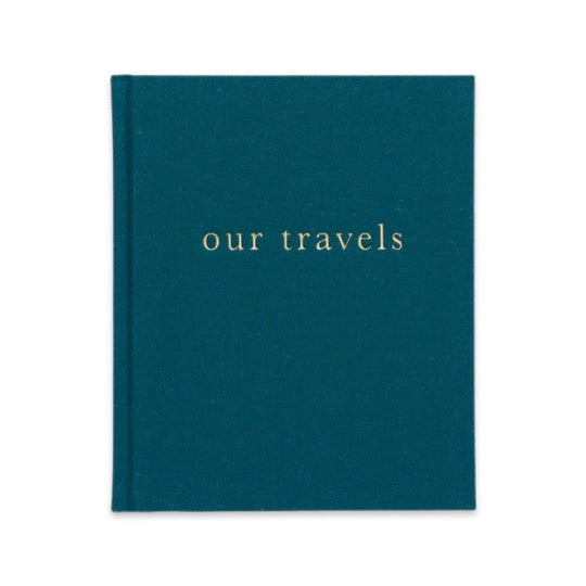 Our Travels journal by Write To Me in teal linen with gold lettering