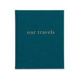 A teal book filled with OUR FAMILY TRAVELS and adventures by Write To Me.