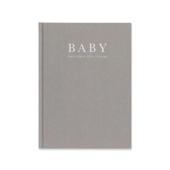 Write To Me Baby Birth to Five Years journal in grey linen, front cover on a white background