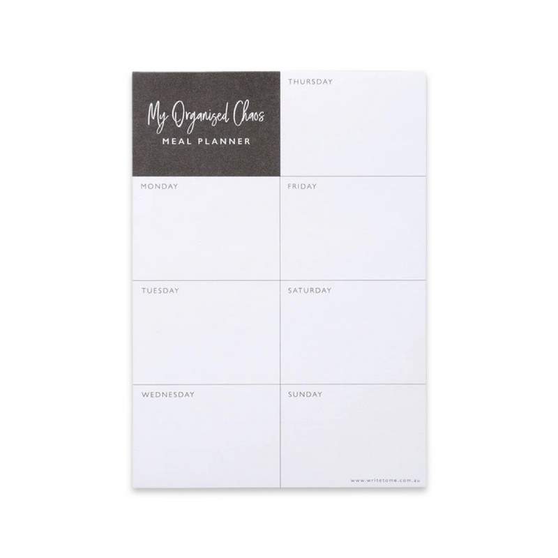 A white and black Meal Planner • My Organised Chaos notepad with the words 'my organized life' on it from Write To Me.