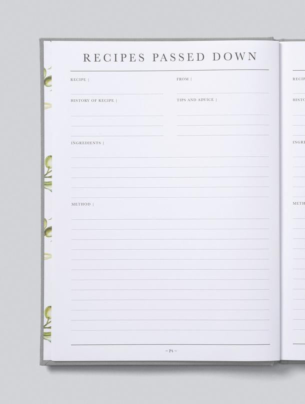 A Recipes Passed Down journal with an assortment of treasured recipes by Write To Me.