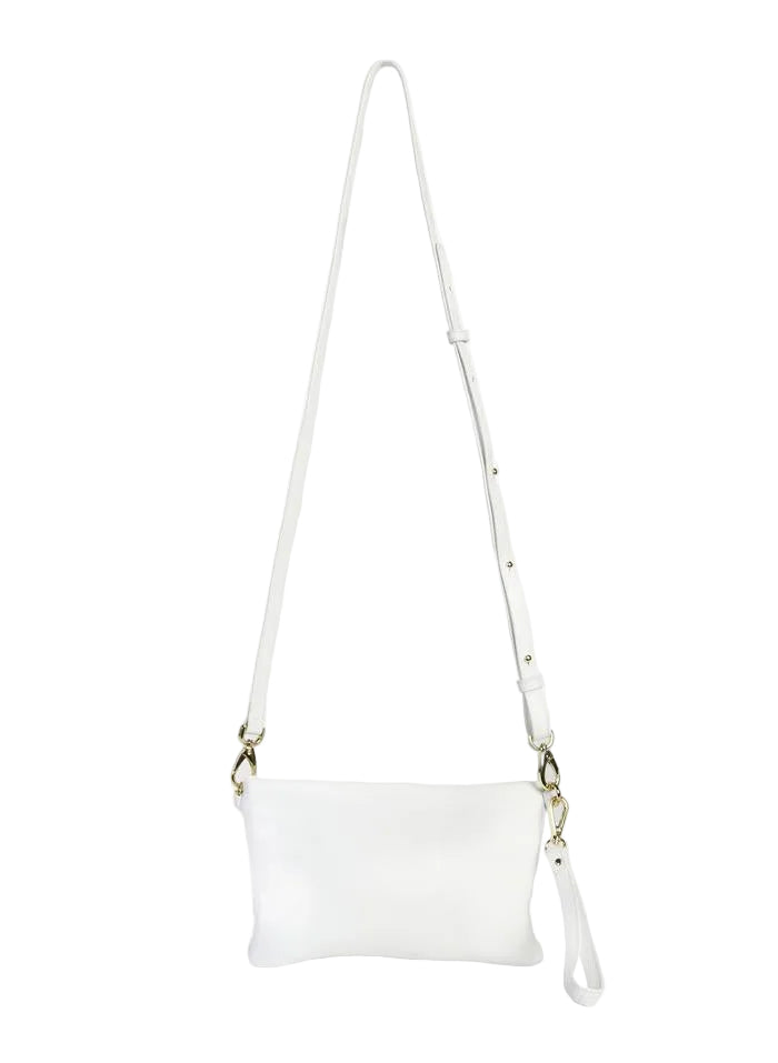 Ryder Leather Bag by Federation in white, with long shoulder strap, wrist strap and gold clips