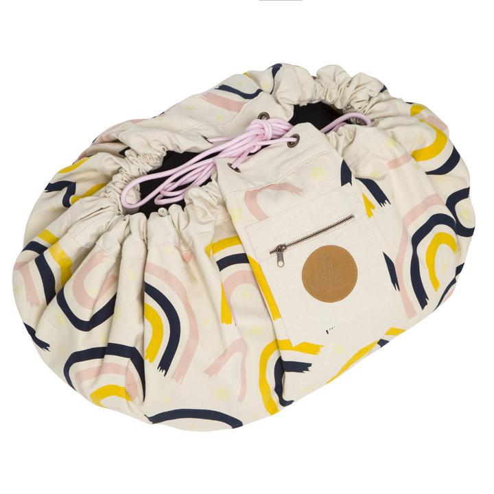 A Rainbows & Stars Printed Play Pouch makeup bag with a zipper, featuring white and yellow colors.
