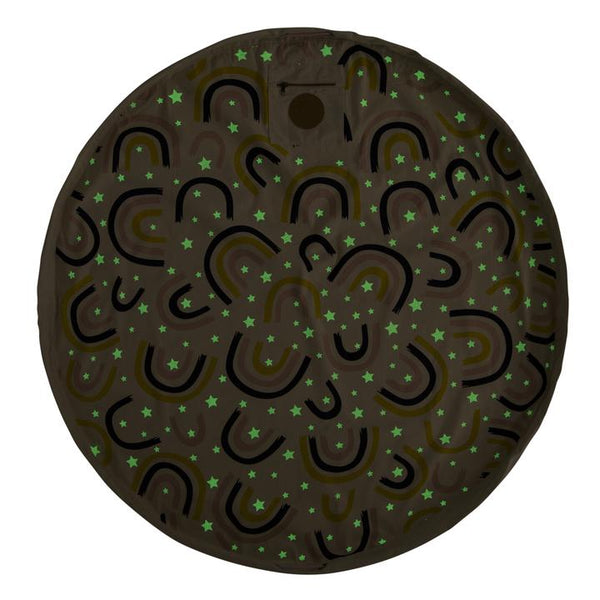 A round plate with a black and green design, adorned with Rainbows & Stars Printed Play Pouch, from the Play Pouch brand.