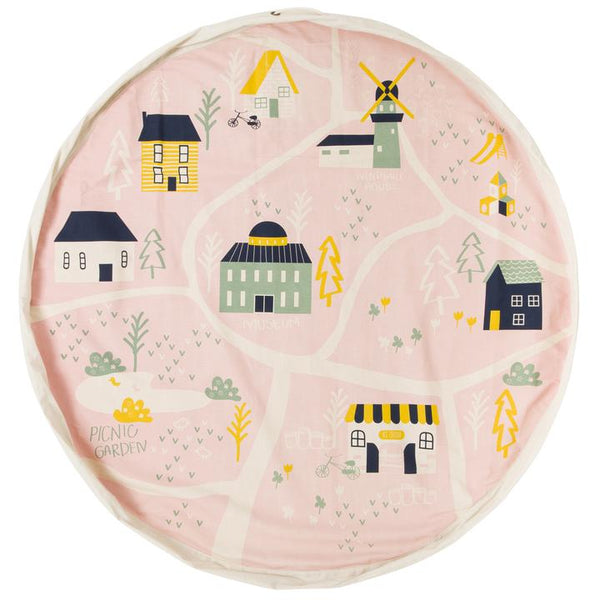 An interactive Raindrops Village play mat from the Play Pouch range, perfect for imaginative play with toys.
