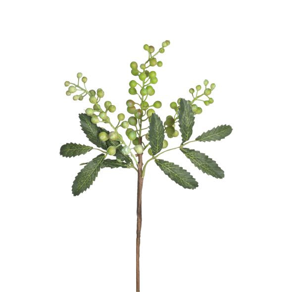 An Artificial Flora Berry Pick - New Green with green leaves against a white background adds a touch of greenery to any space, without the need for constant maintenance.