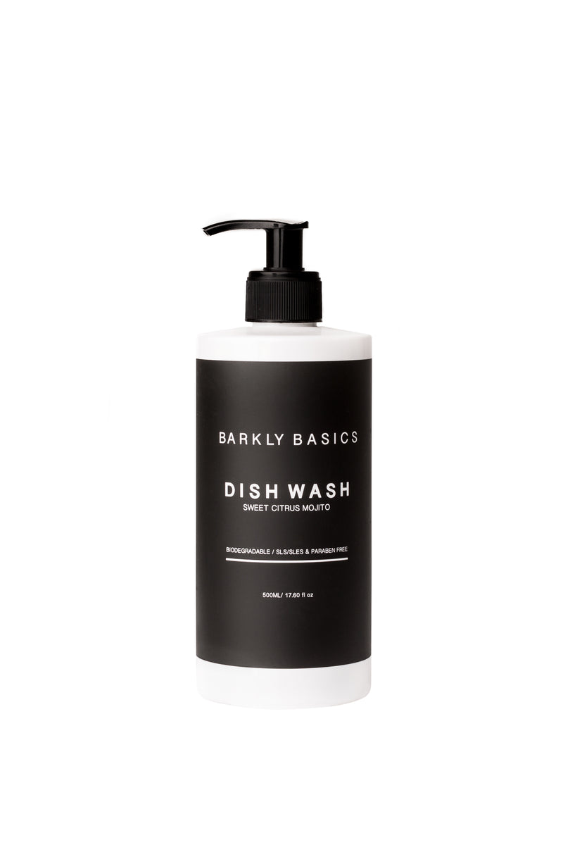 An eco-friendly bottle of Barkly Basics Dish Detergent on a white background.