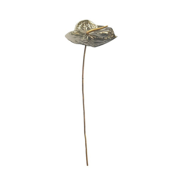 An Artificial Flora Metallic Anthurium Pewter styling with a metal flower on a stick, against a white background.