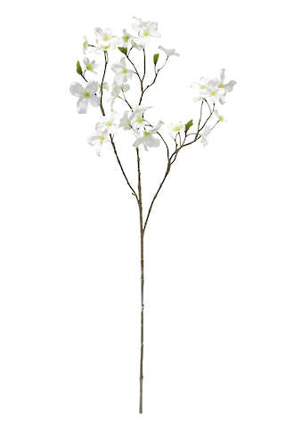 Artificial Flora's Artificial Dogwood Blossom Spray features floral white dogwood flowers on a stem against a white background.