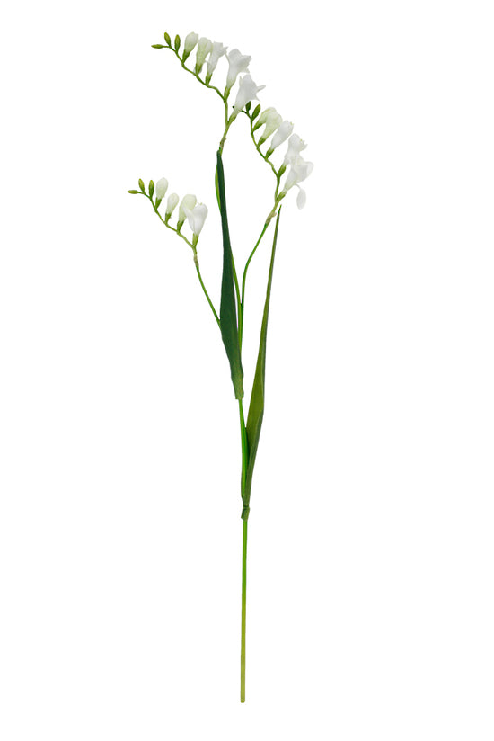 A Freesia Spray White on a stem against a white background, showcasing the elegant beauty of floral styling by Artificial Flora.