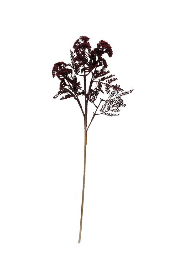 An Artificial Flora Wild Flower with Fern Spray Burgundy on a stem against a white background.