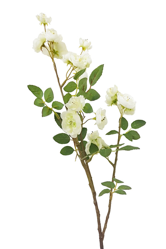 Rambling Rose Spray Cream by Artificial Flora on a stem against a white background with greenery.