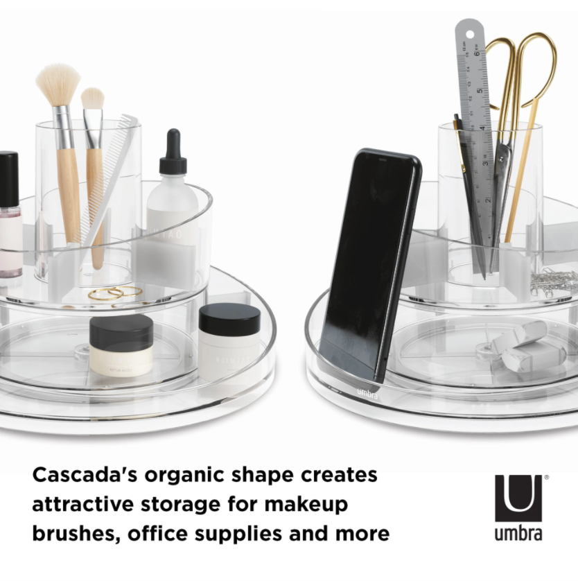 Umbra Cascada organiser in two layouts, holding makeup brushes and desk supplies