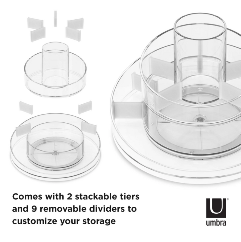 A set of Cascada cosmetic organizers in a plastic container with a rotating base by Umbra.
