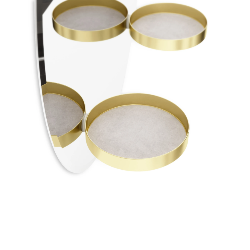 Close-up of the brass shelves on the Umbra Perch round mirror