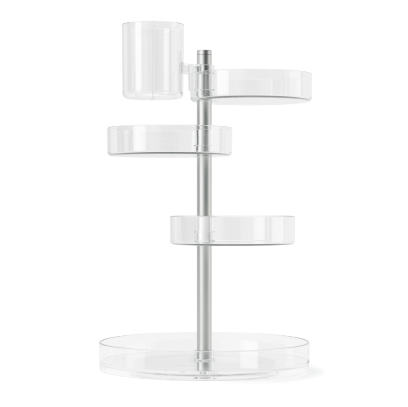 Umbra Pirouette rotating cosmetic organiser in clear acrylic with four tiers