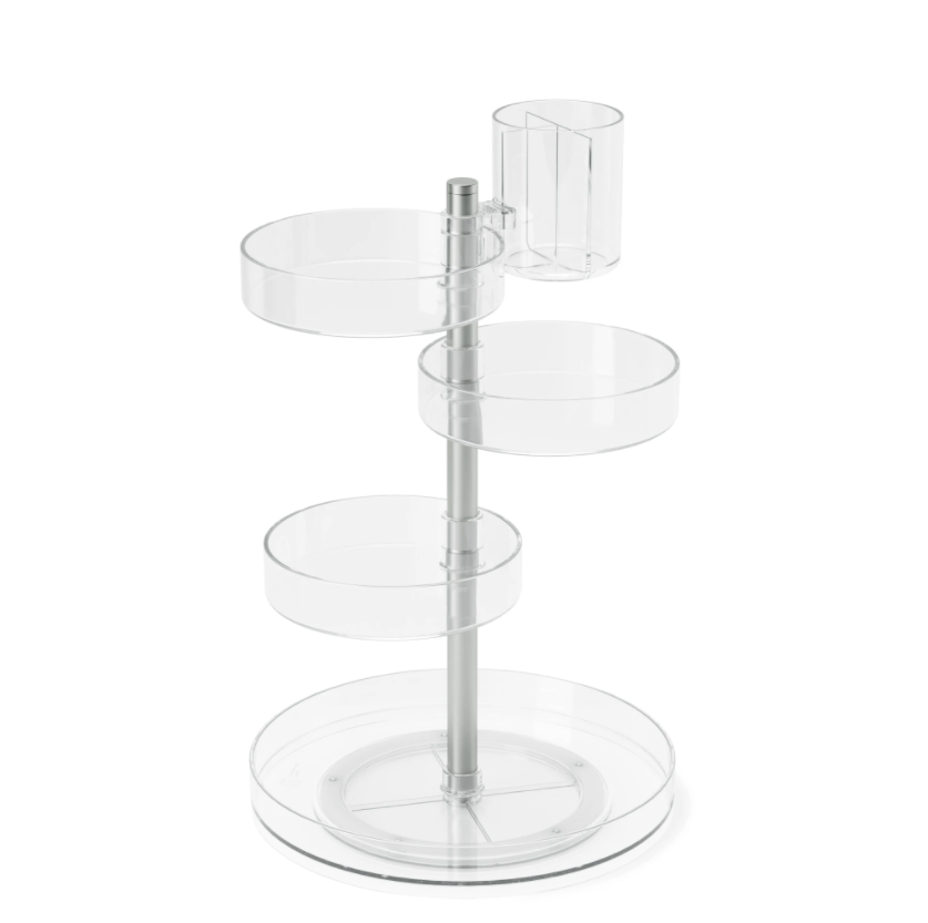 Umbra Pirouette cosmetic organiser in clear acrylic, trays set at four heights