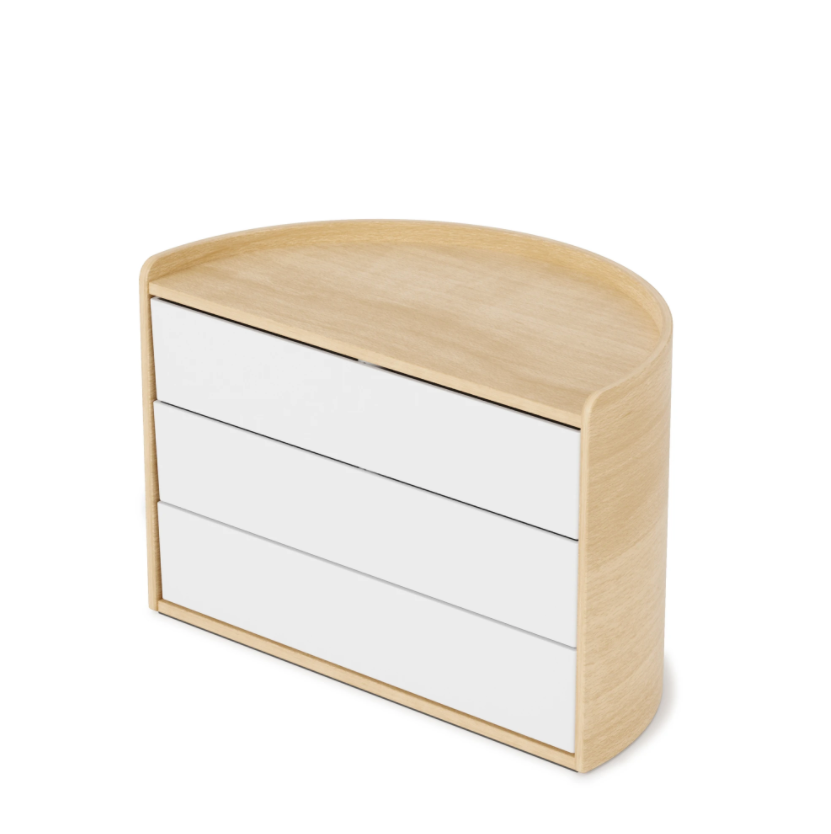 Umbra Moona rotating storage box in white and natural, three drawers closed in a semi-circle
