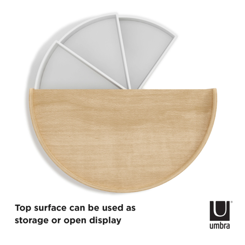 Top view of the Umbra Moona storage box, timber lid beside the divided tray underneath