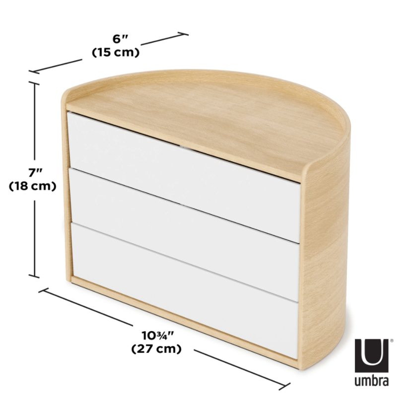 Umbra Moona rotating storage box dimension diagram, 27cm wide, 15cm deep, 18cm high