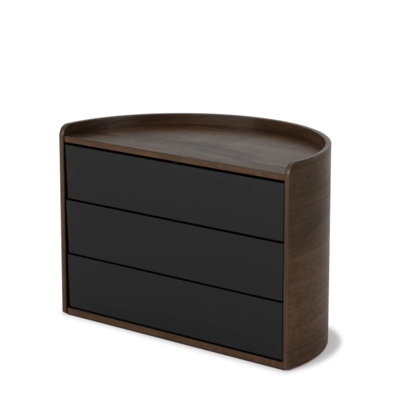 Umbra Moona rotating storage box in black and walnut, three drawers closed