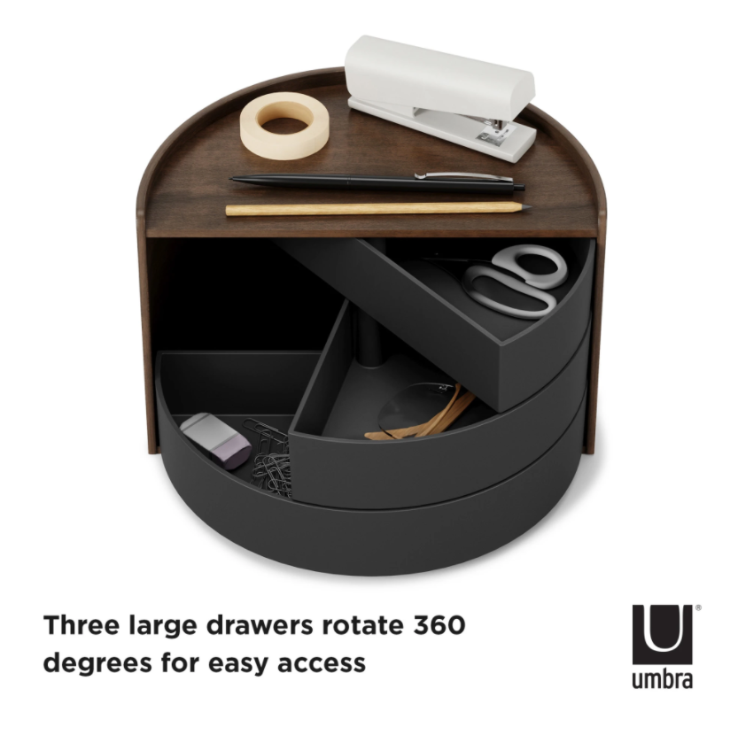 Umbra Moona storage box in black and walnut with drawers swung open, holding desk supplies