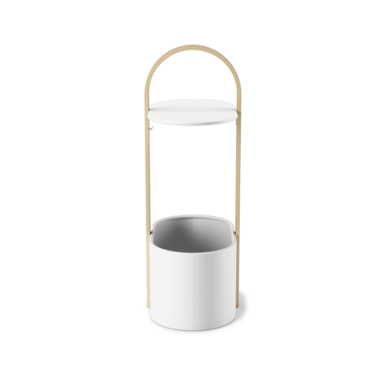 Umbra Bellwood storage table in white and natural seen full height with its arched timber handle