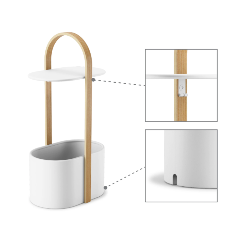 Umbra Bellwood storage table in white and natural with close-up insets of the top and base bin