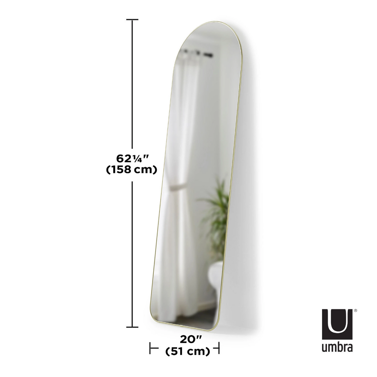 Umbra Hubba arched leaning mirror dimension diagram, 51cm wide by 158cm high