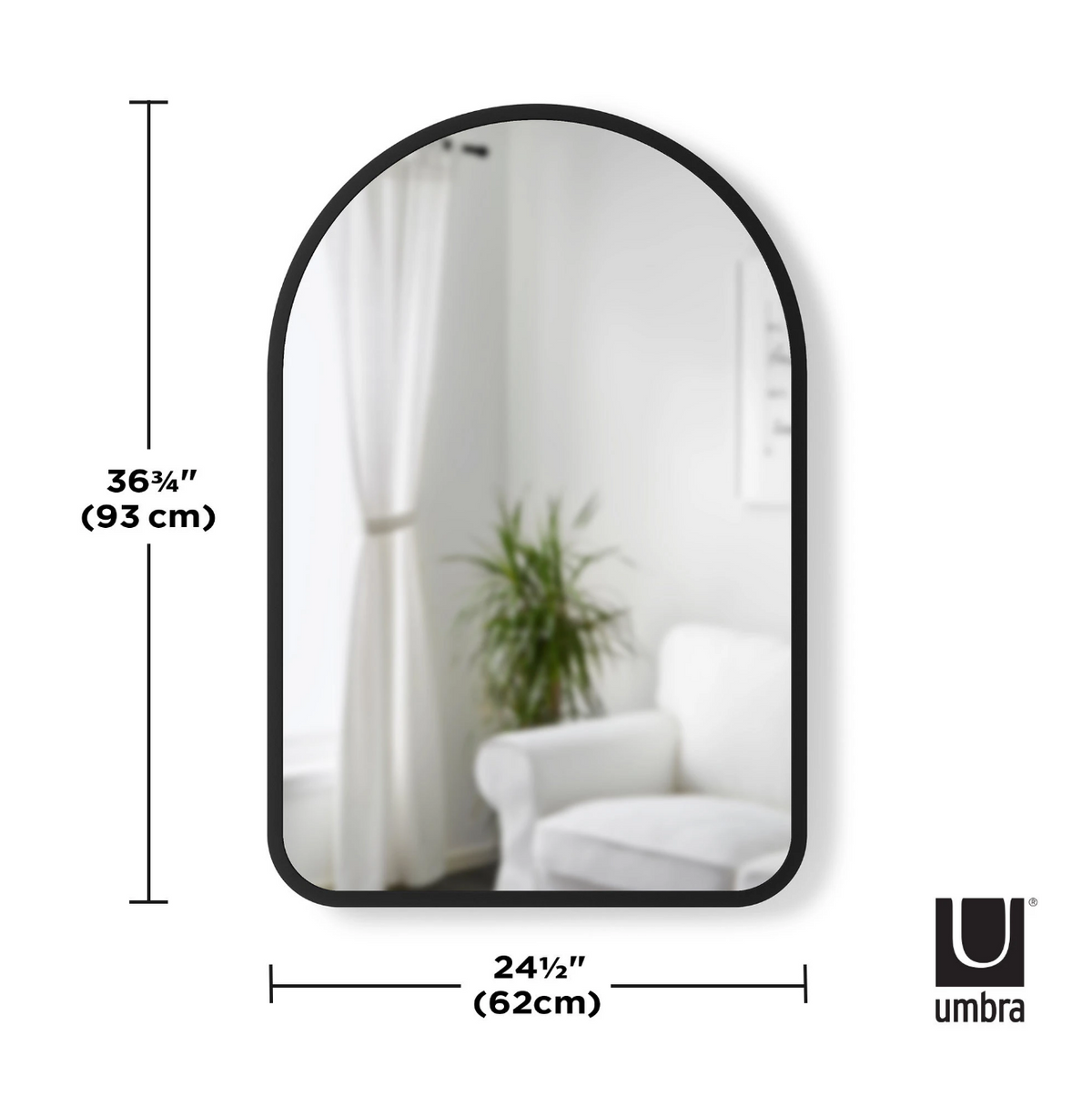 Umbra Hub arched mirror dimension diagram, 62cm wide by 93cm high