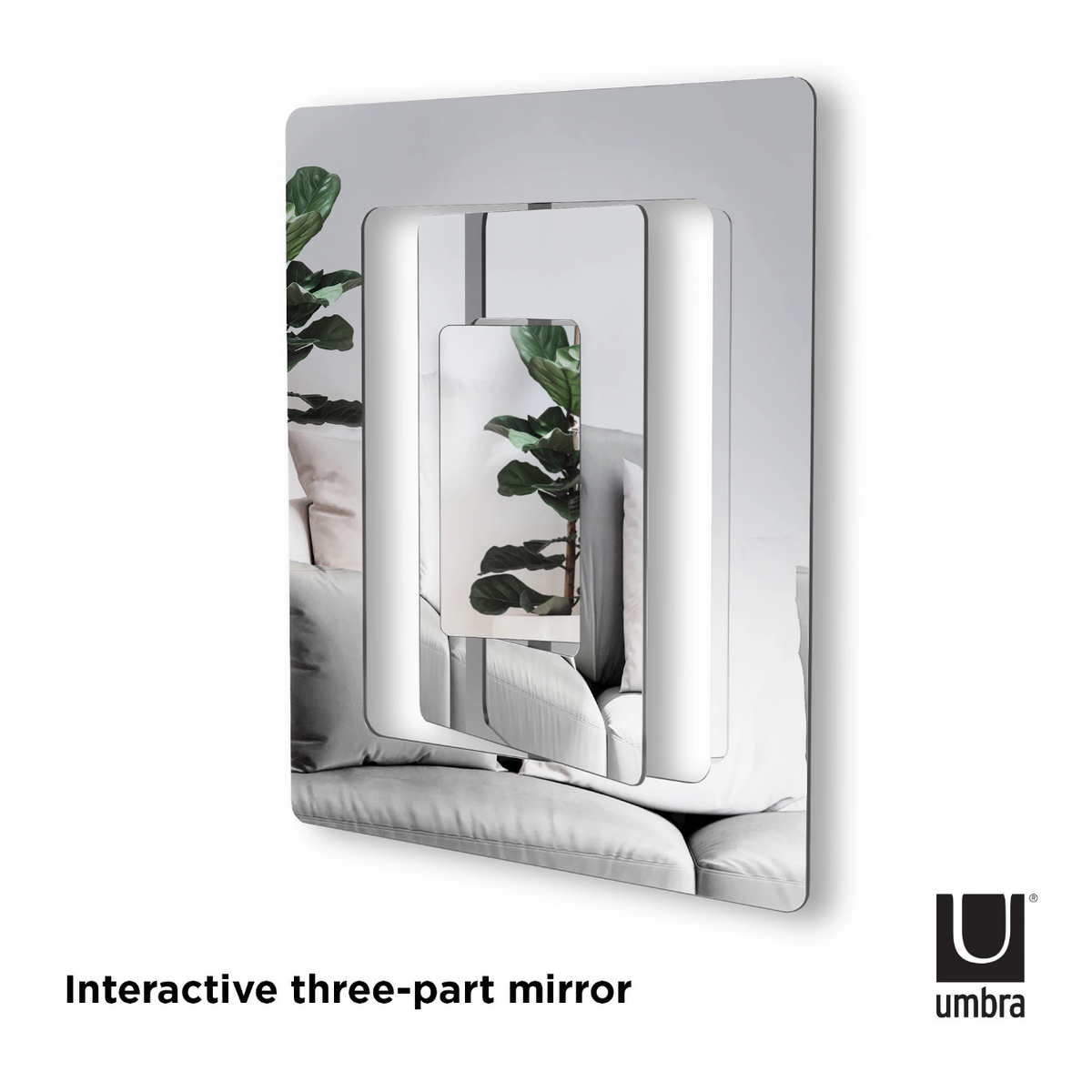 Umbra Echo interactive three-part mirror seen at an angle