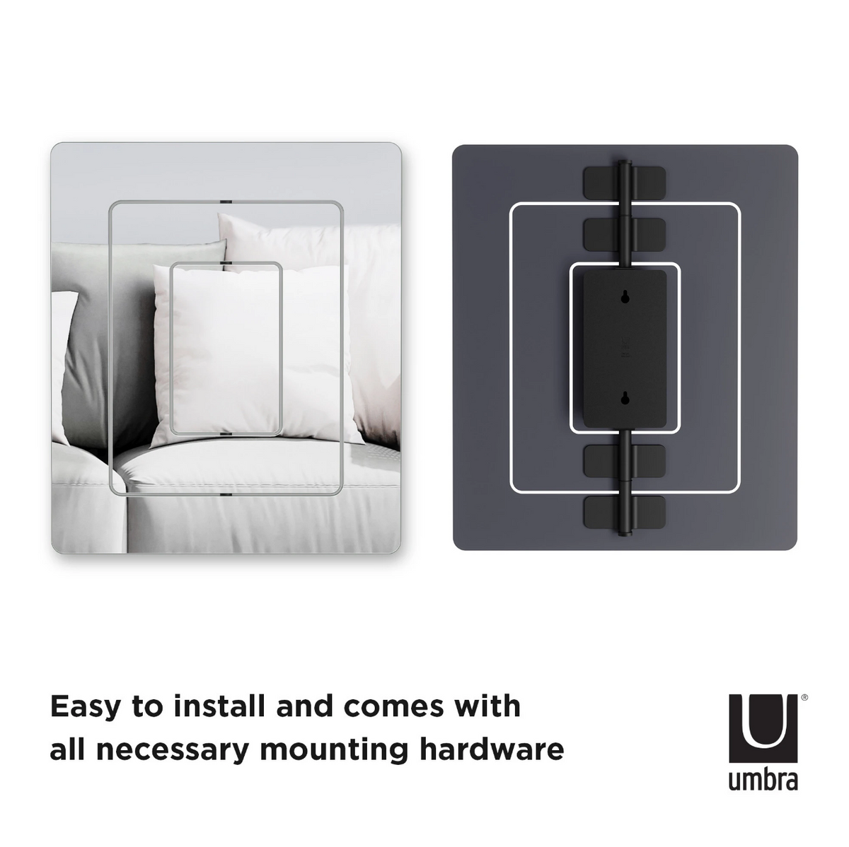 Umbra Echo wall mirror shown in white and black, with mounting hardware included