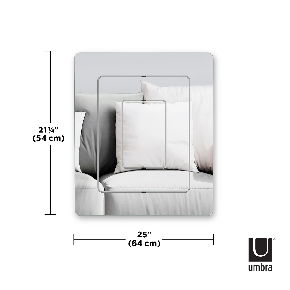Umbra Echo wall mirror dimension diagram, 64cm wide by 54cm high