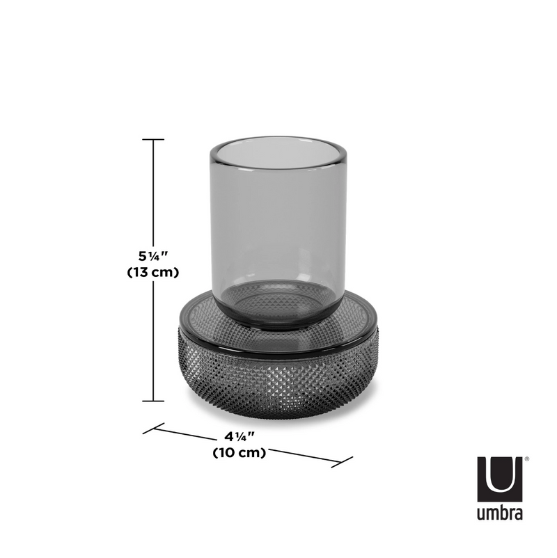 A sleek black ALLIRA ORGANIZER - SMOKE candle holder featuring precise measurements by Umbra.