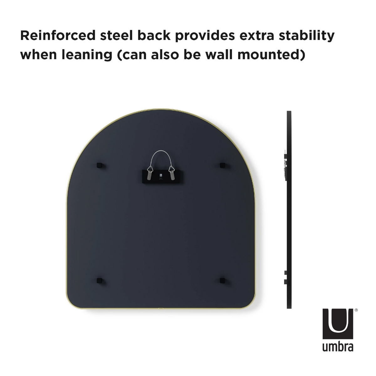Back and side view of the Umbra Hubba arched mirror, for leaning or wall mounting