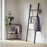 An Umbra LEANA LADDER - BLACK is hanging in a room with a plant on it, serving as a stylish and practical storage solution.