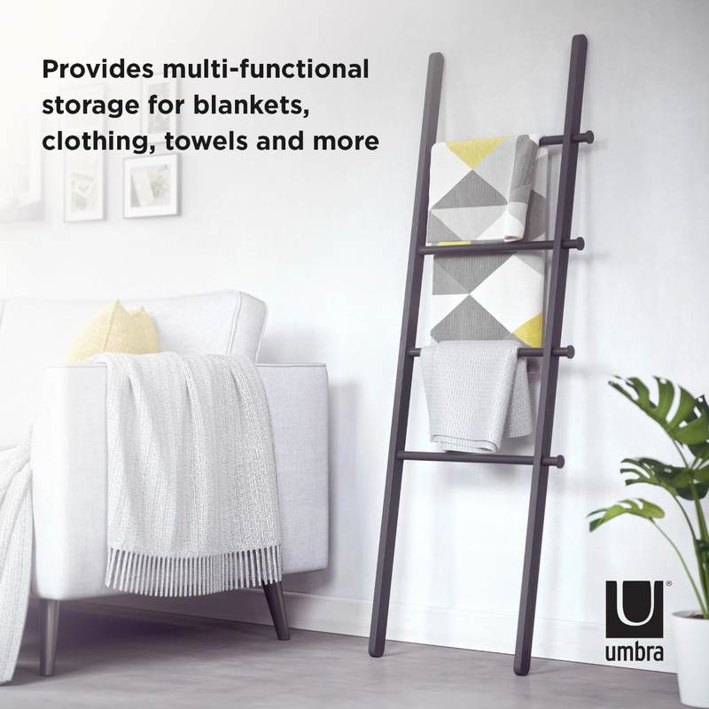 The Umbra LEANA LADDER - BLACK is a versatile storage solution for towels, blankets, and more.
