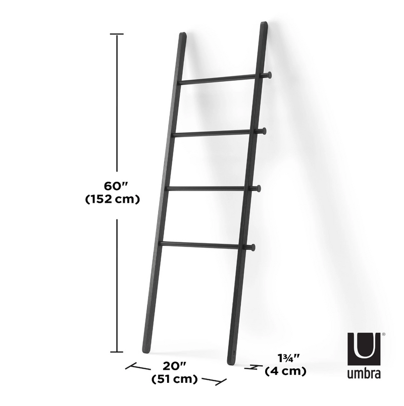 A black LEANA LADDER with measurements for the height of the ladder, offering a stylish and functional storage solution from Umbra.
