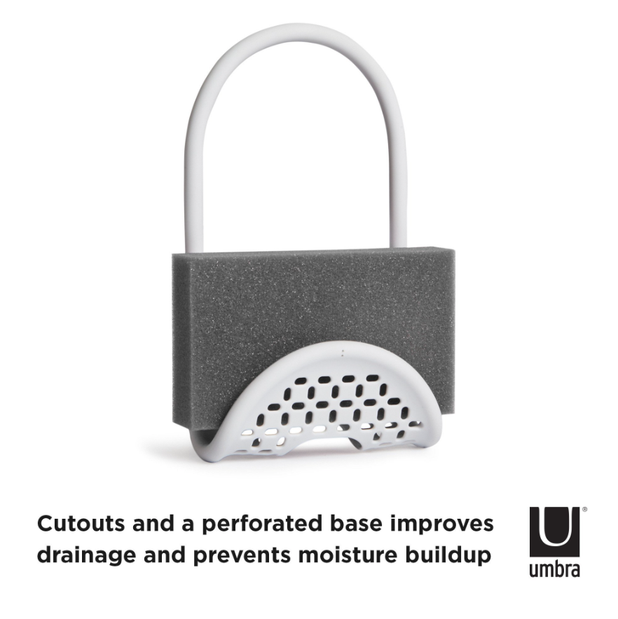 Umbra Sling sink caddy showing the cutouts and perforated base that improve drainage