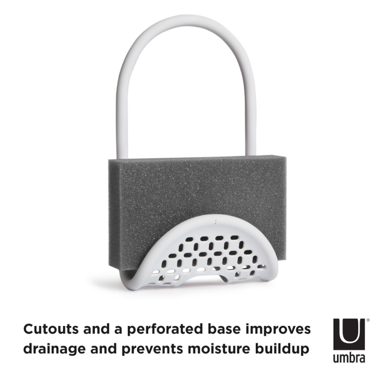 A black and white picture of a SLING SINK CADDY by Umbra with the words 'cuts and performed base improves drainage and prevents moisture buildup on a vacuum cleaner.