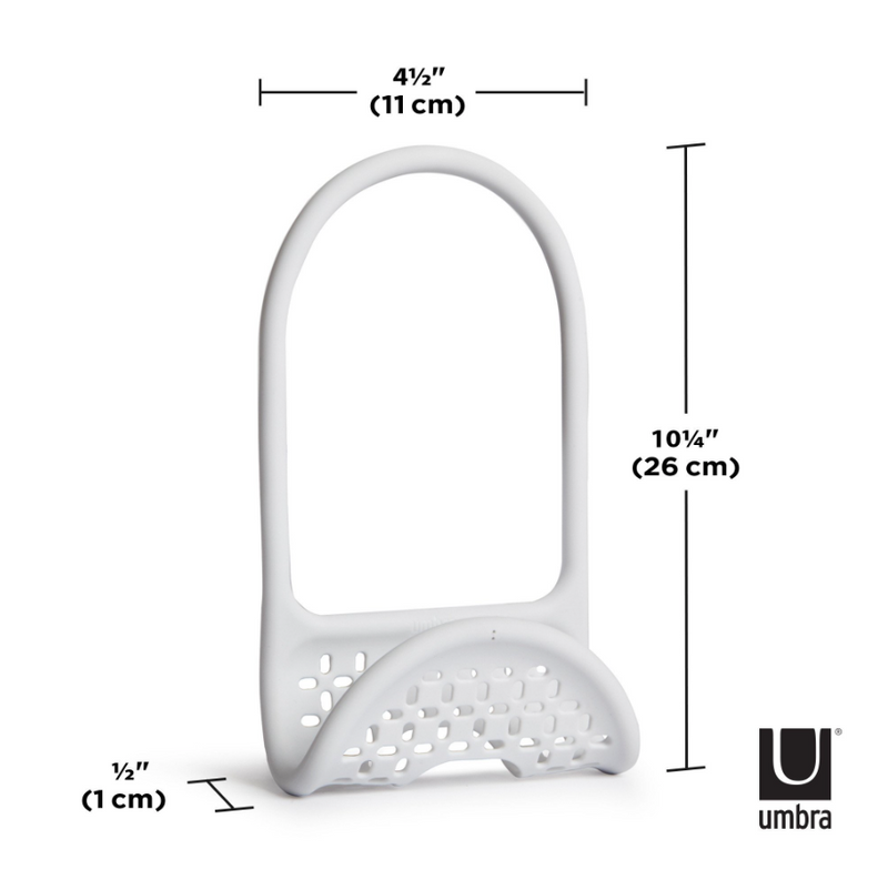 A diagram showing the dimensions of an Umbra SLING SINK CADDY towel holder with improve drainage.
