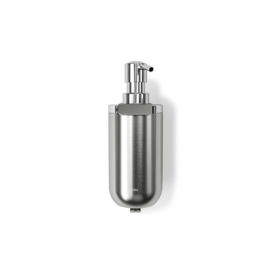 Umbra Junip single wall soap pump in stainless steel on its wall bracket