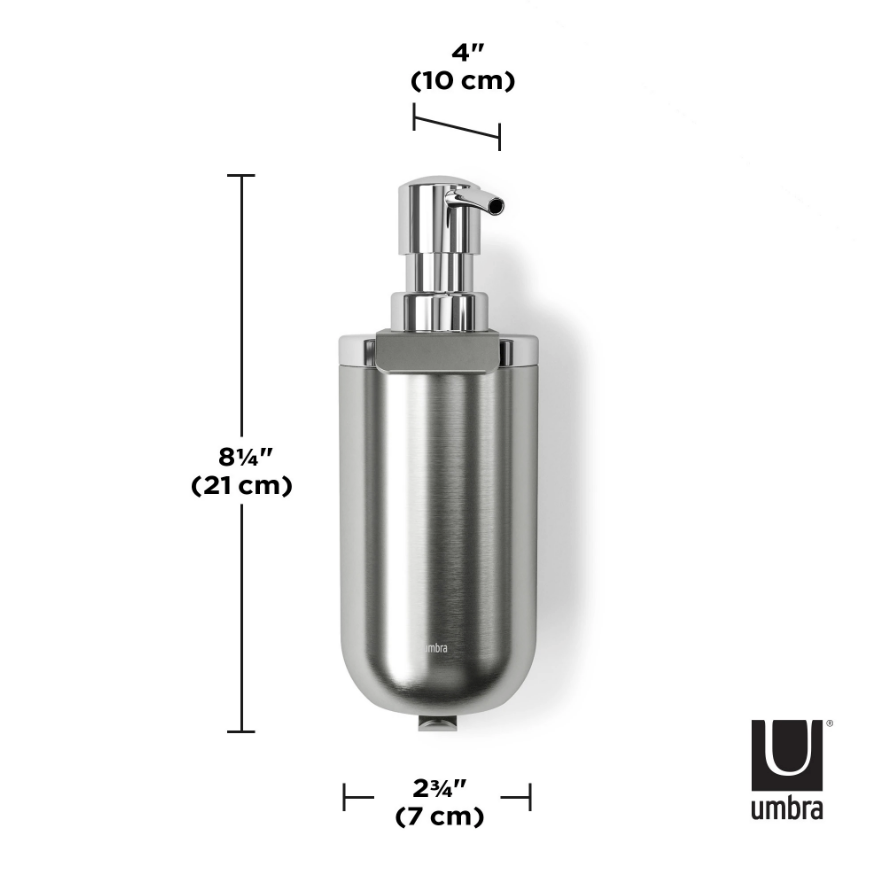 Umbra Junip wall soap pump dimension diagram, 21cm high, 10cm deep, 7cm wide